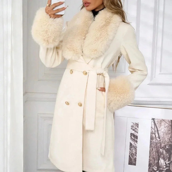 Apricot Elegant Women's Long Sleeve Double Breasted Long Wool Coat - Picture 2 of 7